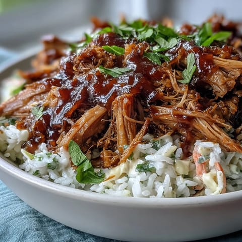 Pulled Pork Bowl with tender shredded pork, fluffy rice, and tangy coleslaw, drizzled with smoky barbecue sauce.