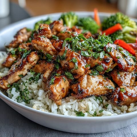 A close-up shows tender marinated chicken nestled with vibrant julienned carrots and steamed broccoli on a bed of steaming rice for an easy Chicken and Rice Bowl, with a drizzle of sauce optional.