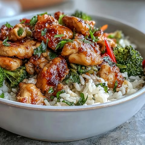 Golden-brown chicken pieces and crisp broccoli and bell peppers are served over fluffy white rice in a bowl, garnished with green onions and sesame seeds for a simple, wholesome Chicken and Rice Bowl.