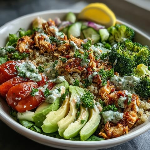 Bright cherry tomatoes, cucumber, and creamy avocado top a hearty Rotisserie Chicken Bowl drizzled with tangy tzatziki sauce.