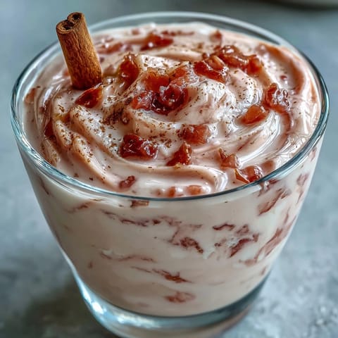Creamy Guava Coquito in a glass, garnished with ground cinnamon and a cinnamon stick, evoking a festive Puerto Rican holiday.