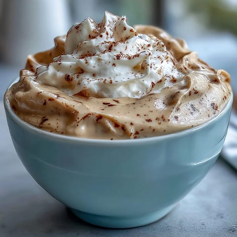 Creamy Hojicha Pudding topped with whipped cream and cocoa powder in a glass.