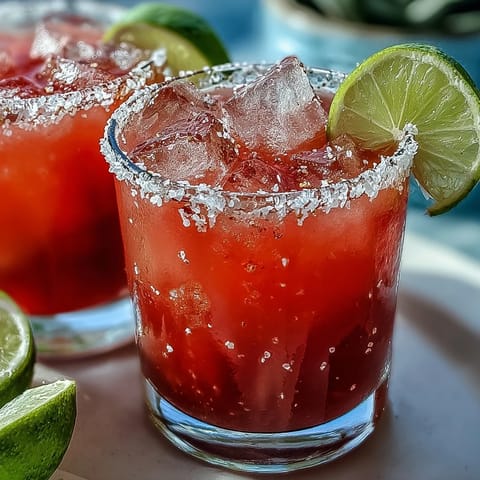 Two chilled margarita glasses filled with bright pink Guava Margarita, rimmed with Tajín and a lime wedge garnish.