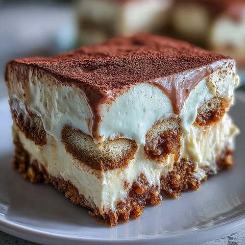 Freshly baked Hojicha Tiramisu dusted with cocoa powder, presented in a rustic dish on a linen napkin.