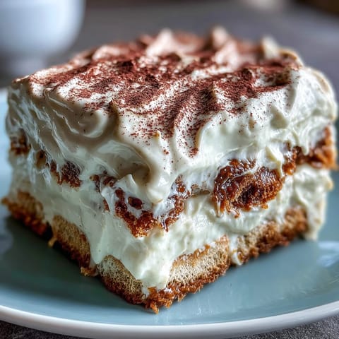 Layers of Hojicha Tiramisu featuring creamy mascarpone and dipped ladyfingers, topped with a sprinkle of hojicha powder.