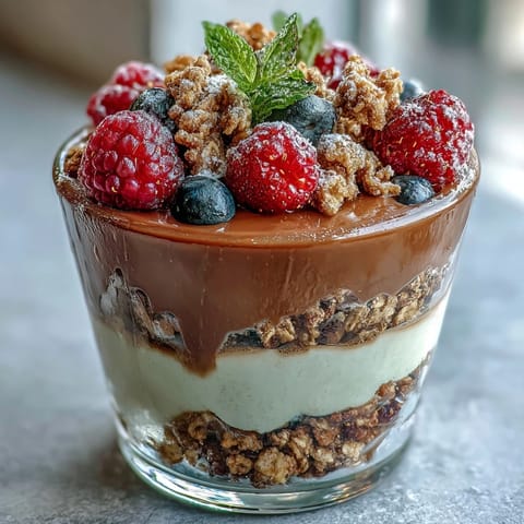 Glass dessert glasses hold layered Hojicha Panna Cotta Parfait with cream, berries, and granola.