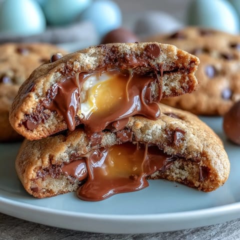 Decadent Cadbury Egg Stuffed Chocolate Chip Cookies with gooey, melted centers and golden edges.  