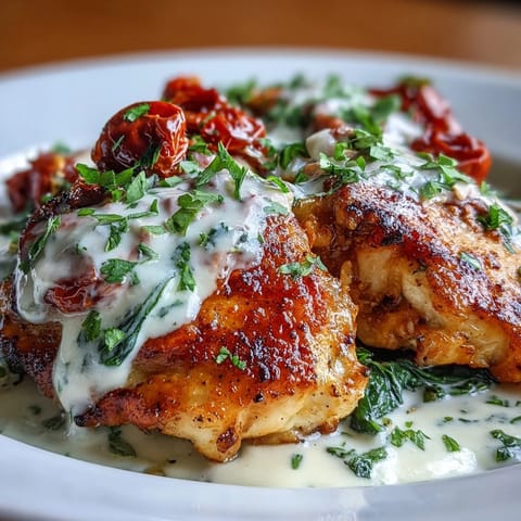 Creamy Tuscan Chicken with Sun-Dried Tomatoes in a rich, golden sauce, served with wilted spinach and fresh basil.