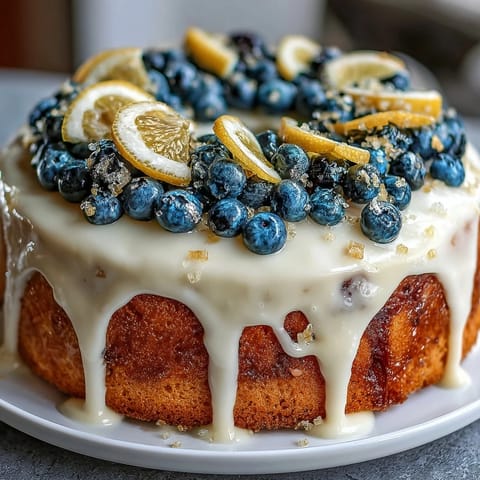 Vibrant lemon blueberry birthday cake with layers of moist lemon cake bursting with fresh blueberries, topped with silky lemon cream cheese frosting and edible flowers.