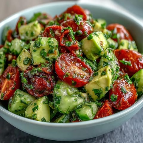 A vibrant bowl of cucumber tomato avocado salad with lemon dressing, bursting with fresh colors and creamy avocado chunks.