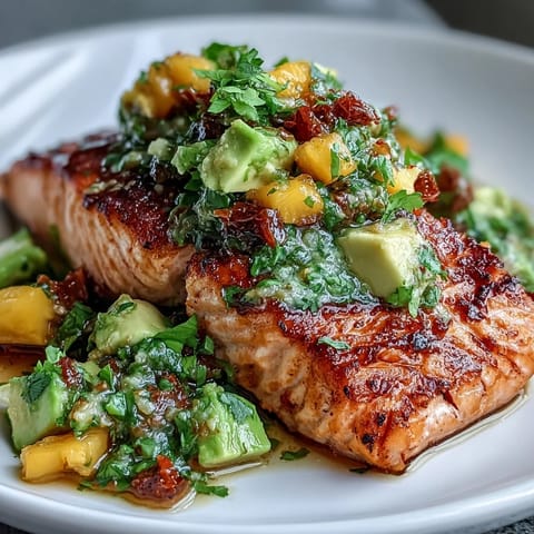 Baked salmon topped with vibrant mango avocado salsa, a fresh and healthy summer dinner.  