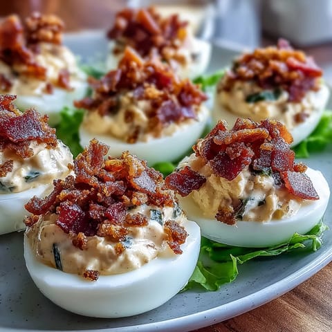 Creamy BLT deviled eggs topped with crispy bacon crumbles, juicy tomatoes, and fresh lettuce on a white platter.