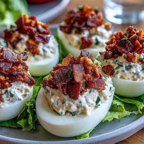 Tangy BLT deviled eggs with smoky bacon, diced tomatoes, and shredded romaine for a classic sandwich-inspired appetizer.