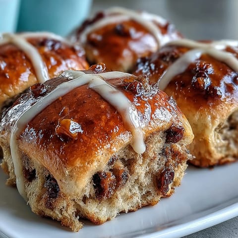 Golden hot cross buns with fragrant orange glaze, perfect for a warm and inviting Easter brunch.  