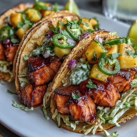 Grilled salmon tacos with mango salsa served on warm tortillas with shredded cabbage and lime wedges.  