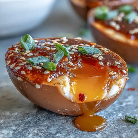 Savory Spicy Miso Marinated Eggs, glistening in their rich umami marinade.