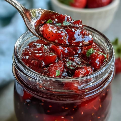 Sweet homemade cottagecore strawberry jam ready to be spread thick and warm.
