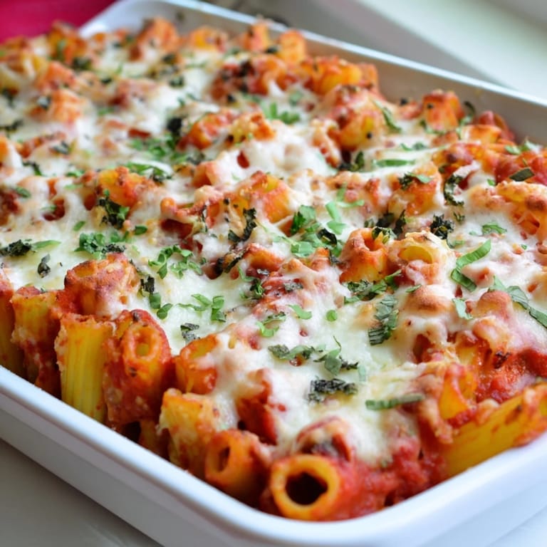 A close-up of cheesy, savory One-Dish Baked Ziti with three cheeses after baking, ready for dinner.