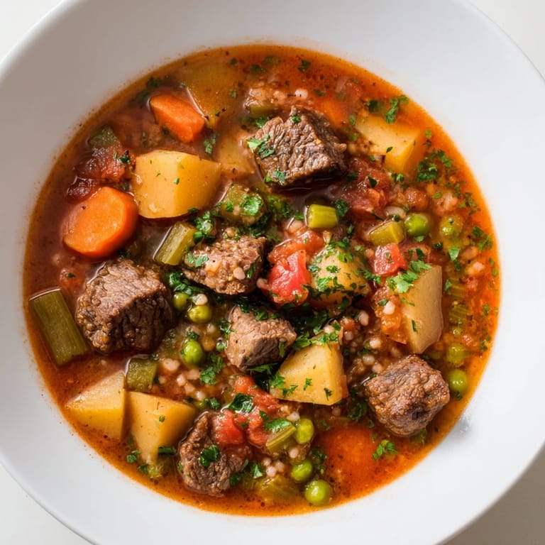 Close-up of a rustic, savory one-pot hearty beef and barley soup, showcasing tender beef and carrots.