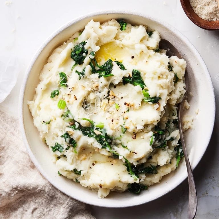A close-up of Creamy Spinach and Parmesan Mashed Potatoes, showing a vibrant green spinach swirl throughout.