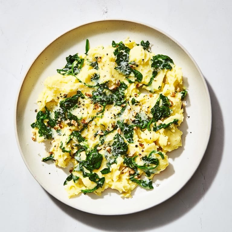 Warm, creamy bowl of Creamy Spinach and Parmesan Mashed Potatoes, perfect with roasted chicken or steak.