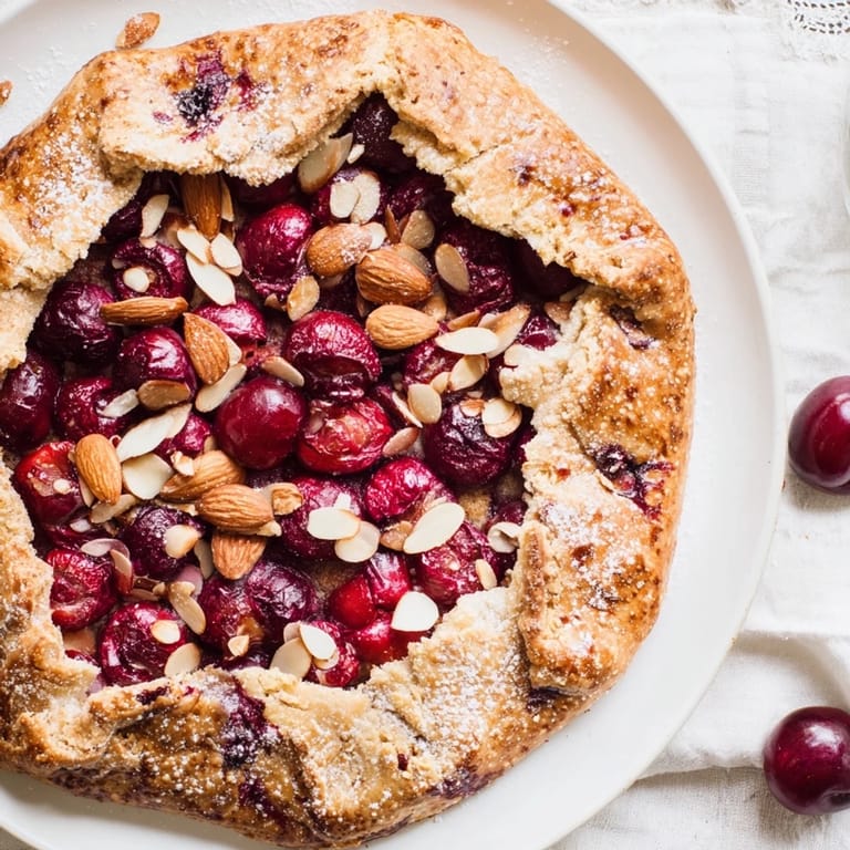 A visually enticing close-up of a Rustic Cherry and Vanilla Almond Galette, ready to slice and enjoy.