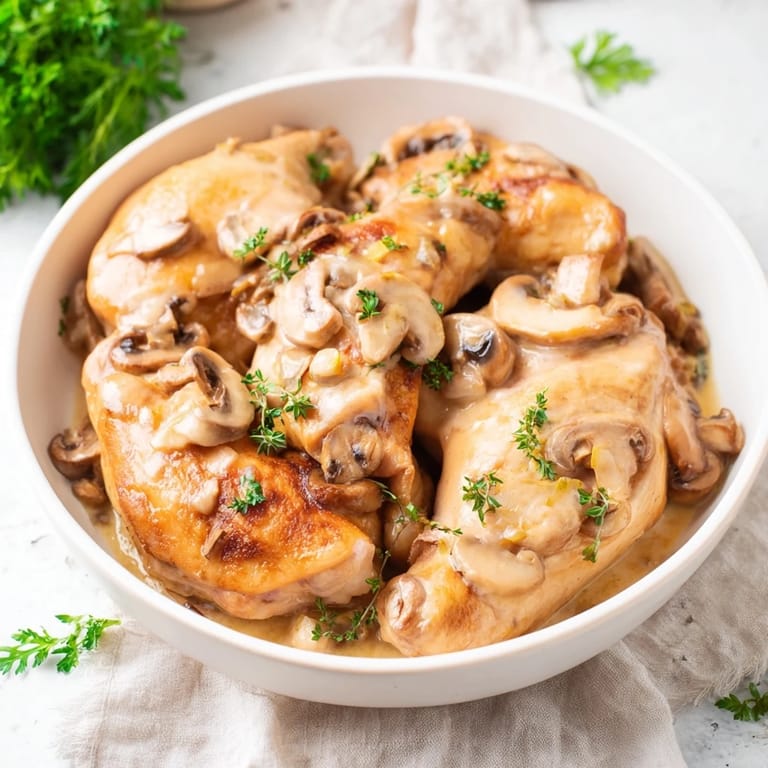 A close-up of skillet-seared chicken breast, glistening with a rich mushroom cream sauce, ready for your plate.