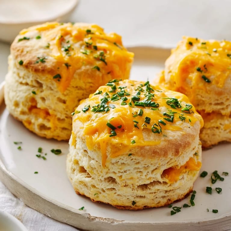 A platter of freshly baked golden cheddar and chive scones with visible flecks of chives, ready to be enjoyed.