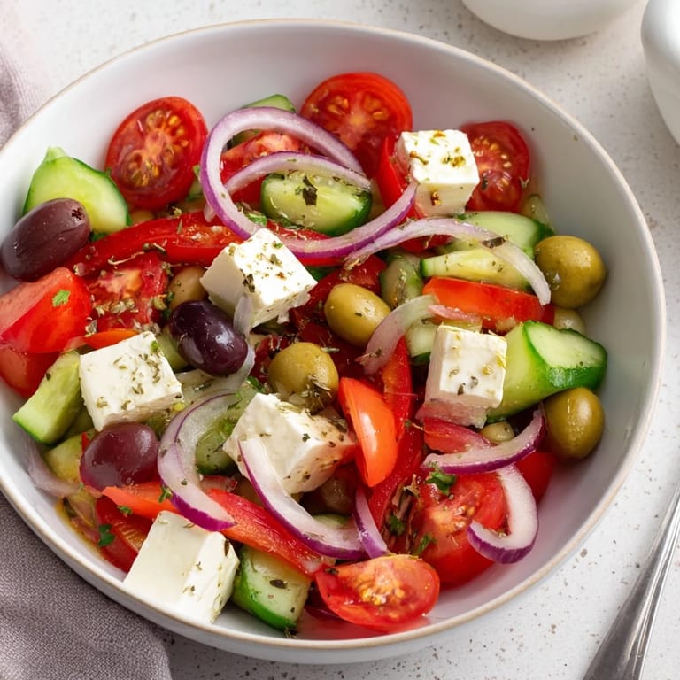 A delicious Fresh Mediterranean Salad, showcasing plump olives, crunchy veggies and a bright lemon dressing.