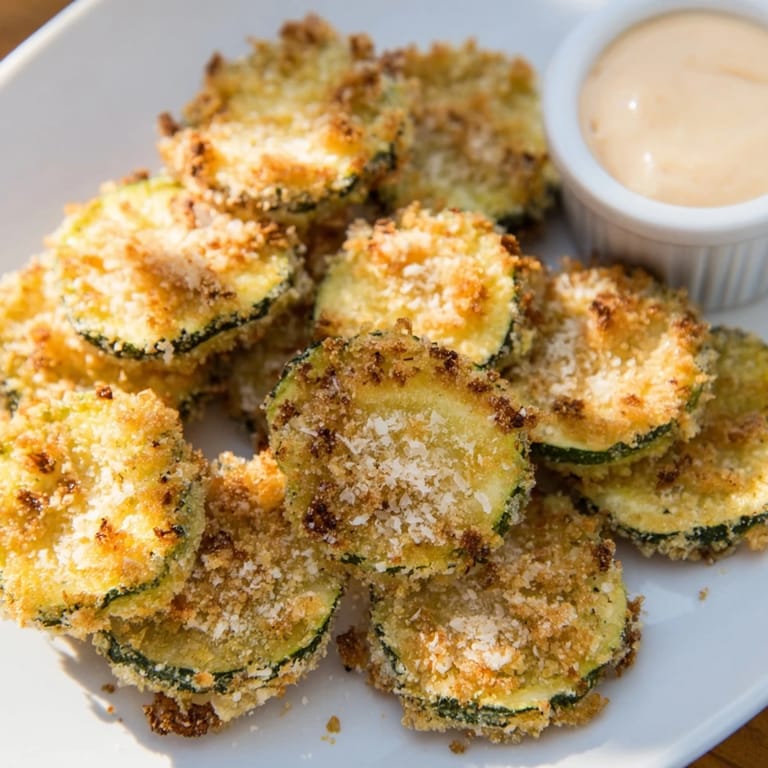 Enjoy a plate of tempting crispy baked zucchini rounds, alongside a cool spicy mayonnaise.