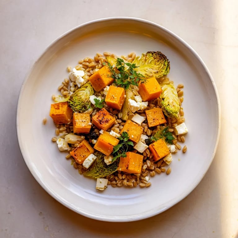A delicious Harvest Grain Bowl with sweet roasted pumpkin pieces, savory kale, and flavorful dressing over grains.