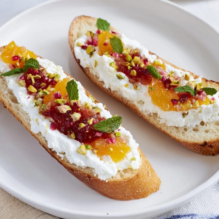 A close-up of a goat cheese and pomegranate Festive Crostini, ready for serving at a party.