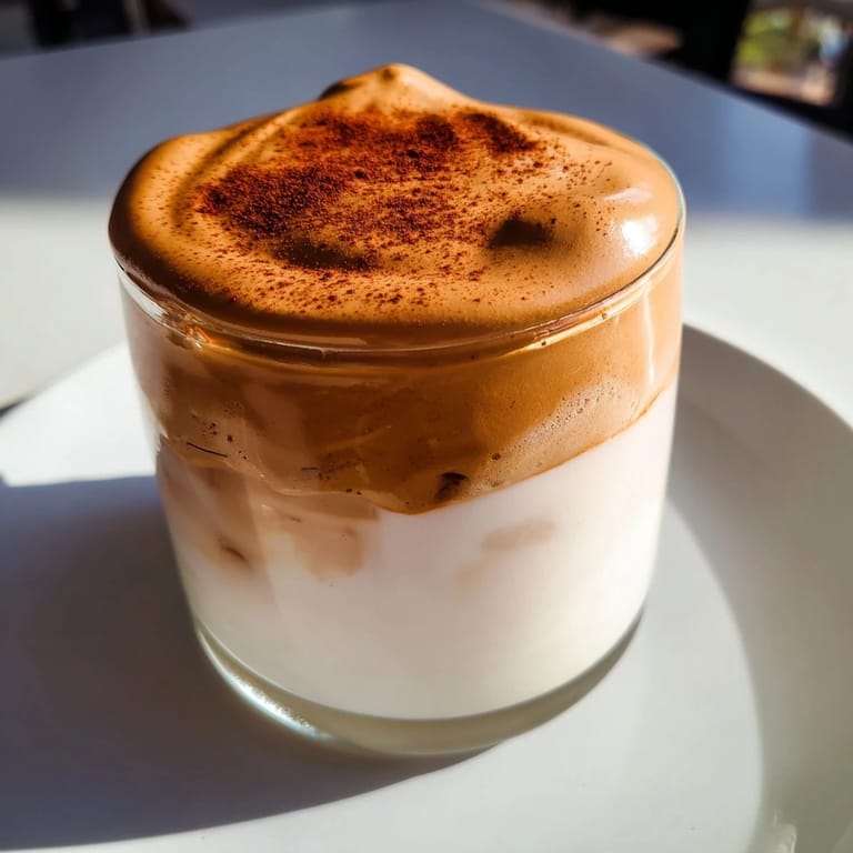 Frothy whipped coffee of brown sugar Dalgona latte topping a glass of milk with ice cubes.