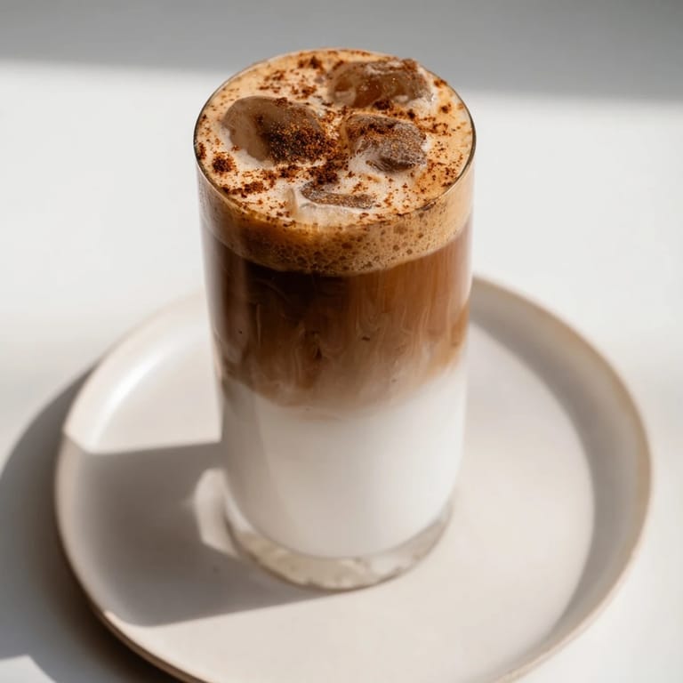 Swirling a chilled Iced Brown Sugar Oat Latte, the oat milk and espresso mix beautifully.