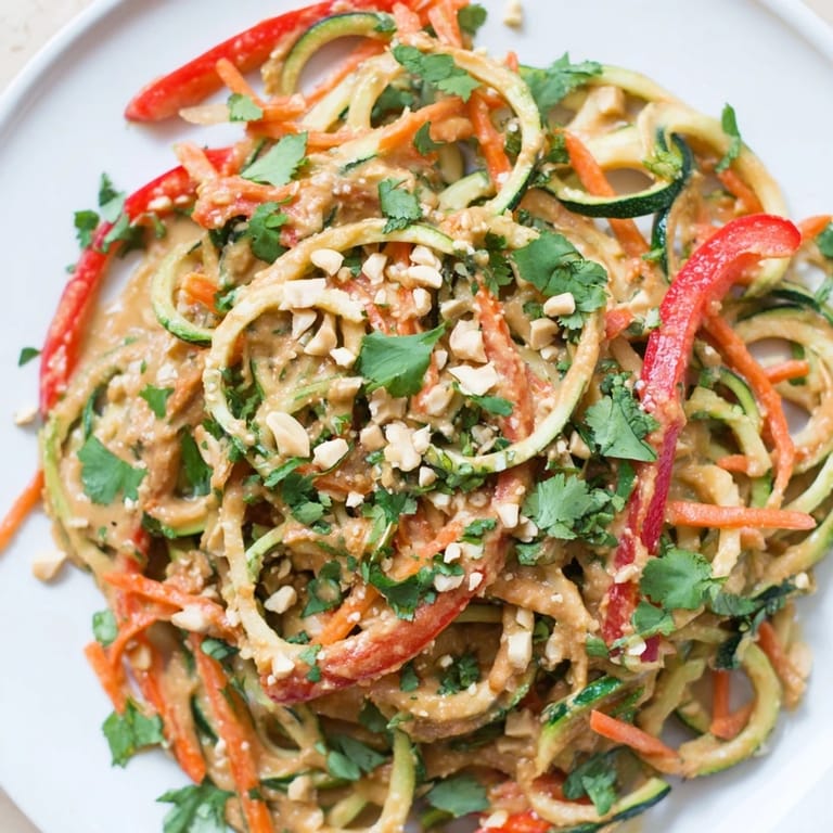 This bowl of Zesty Peanut Zucchini Noodles features a mix of fresh veggies coated in a tangy peanut dressing.