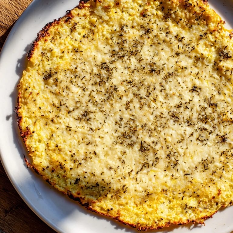 A freshly baked cauliflower pizza crust with bubbly cheese, perfect for a cozy pizza night.