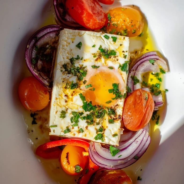 Savory Mediterranean Baked Feta & Eggs bake with soft yolks, feta crumbles, and fresh parsley, perfect for a cozy meal.