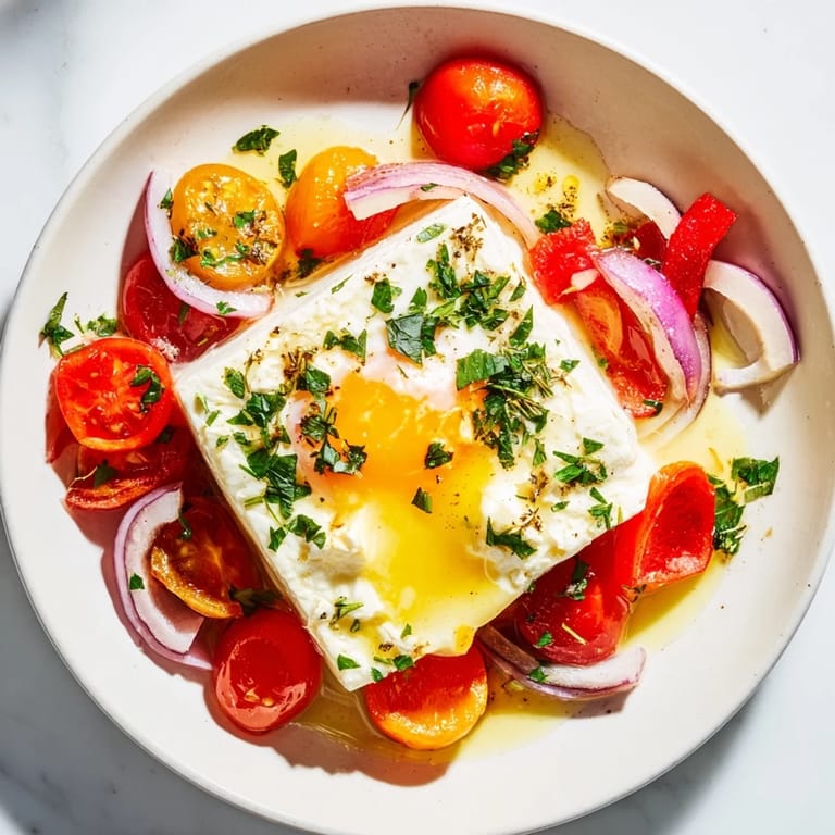 Warm, golden Mediterranean Baked Feta & Eggs featuring creamy feta, ripe tomatoes, and herbs, ready to serve for brunch.
