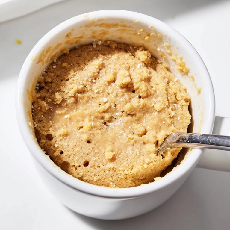 Fluffy, single-serve 2-Minute Peanut Butter Mug Cake, with a rich, peanut buttery flavor experience.