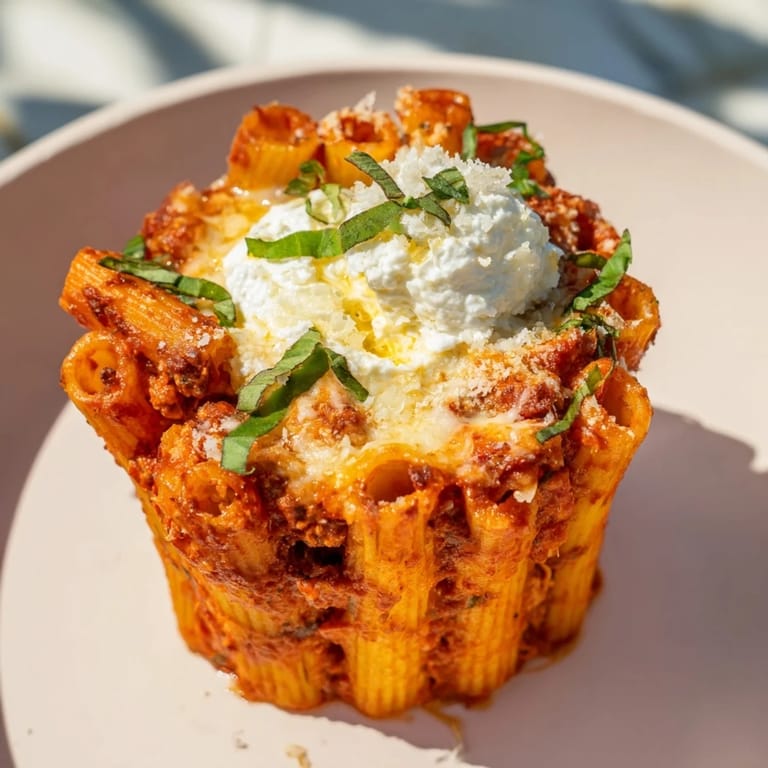 Individual baked ziti cups: steaming pasta, creamy cheese, and rich tomato sauce are visible.