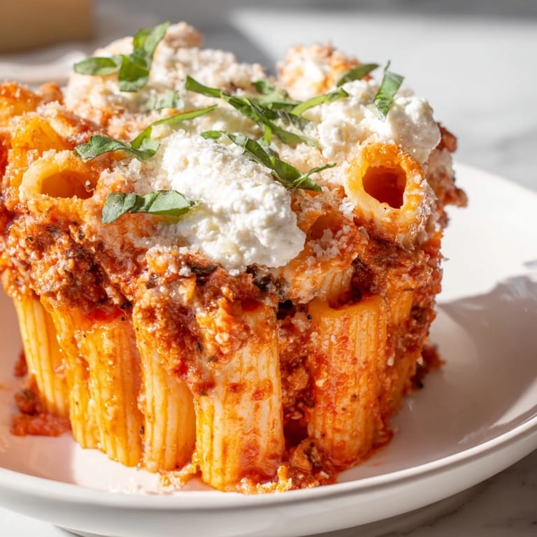 A close-up of delicious baked ziti cups, offering a comforting, easy weeknight Italian meal.