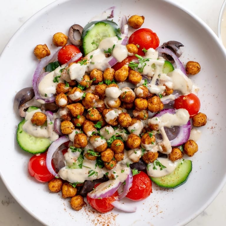 A colorful Mediterranean Chickpea Bowl featuring golden, crispy chickpeas alongside fresh, chopped vegetables.