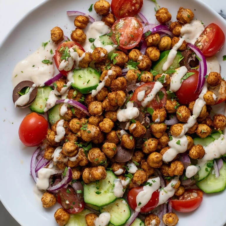 Savory Mediterranean Chickpea Bowl with chickpeas, ready to eat, topped with a flavorful tahini dressing.