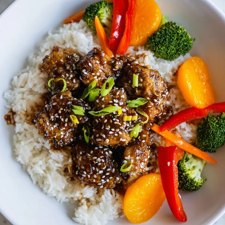 A beautiful bowl of teriyaki chicken rice; sesame seeds and scallions add fresh flavor and texture.