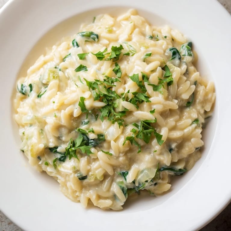 Close up of creamy, golden one-pot orzo with spinach, illustrating the richness and texture of the dish.