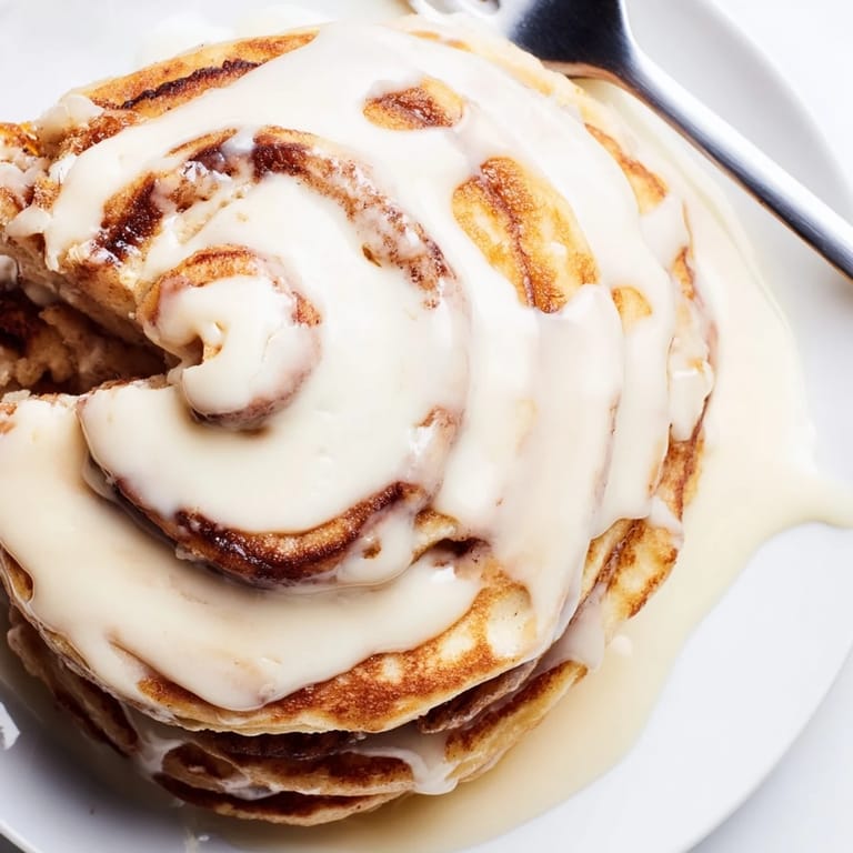 Buttery, soft Cinnamon Roll Pancakes with delightful swirls, topped with a creamy glaze for a sweet craving.