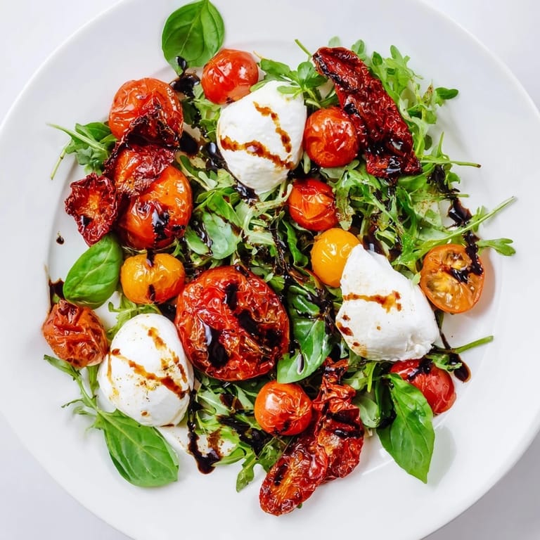 Imagine a close-up of the beautiful Tomato Flight Salad with varied tomatoes, basil, and cheese, ready to serve.