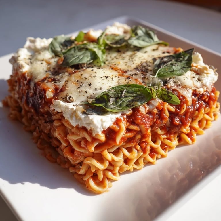 This vegetarian Ramen Lasagna features melted mozzarella, a rich sauce, and fresh basil garnish.