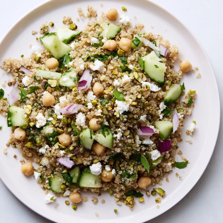 Chilled bowl of the satisfying Jennifer Aniston Salad with quinoa, herbs, and a light lemon dressing.