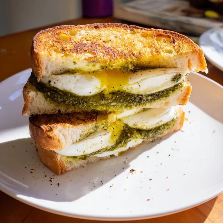A close-up of a perfectly grilled Pesto Egg Grilled Cheese, oozing melted mozzarella and pesto.